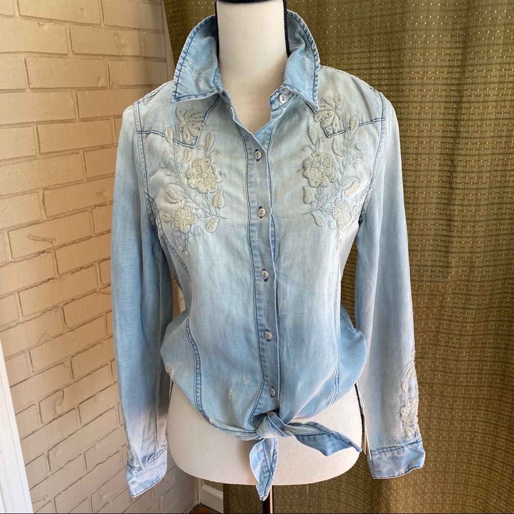 Blank NYC Floral Embroidered Chambray Top …